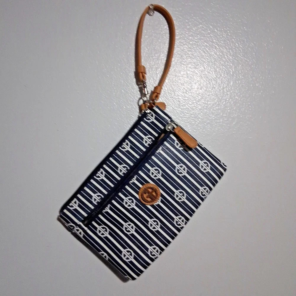 Giani Be1.44rnini‎ Wristlet Purse Navy White Tan Pockets Small Signature Logo